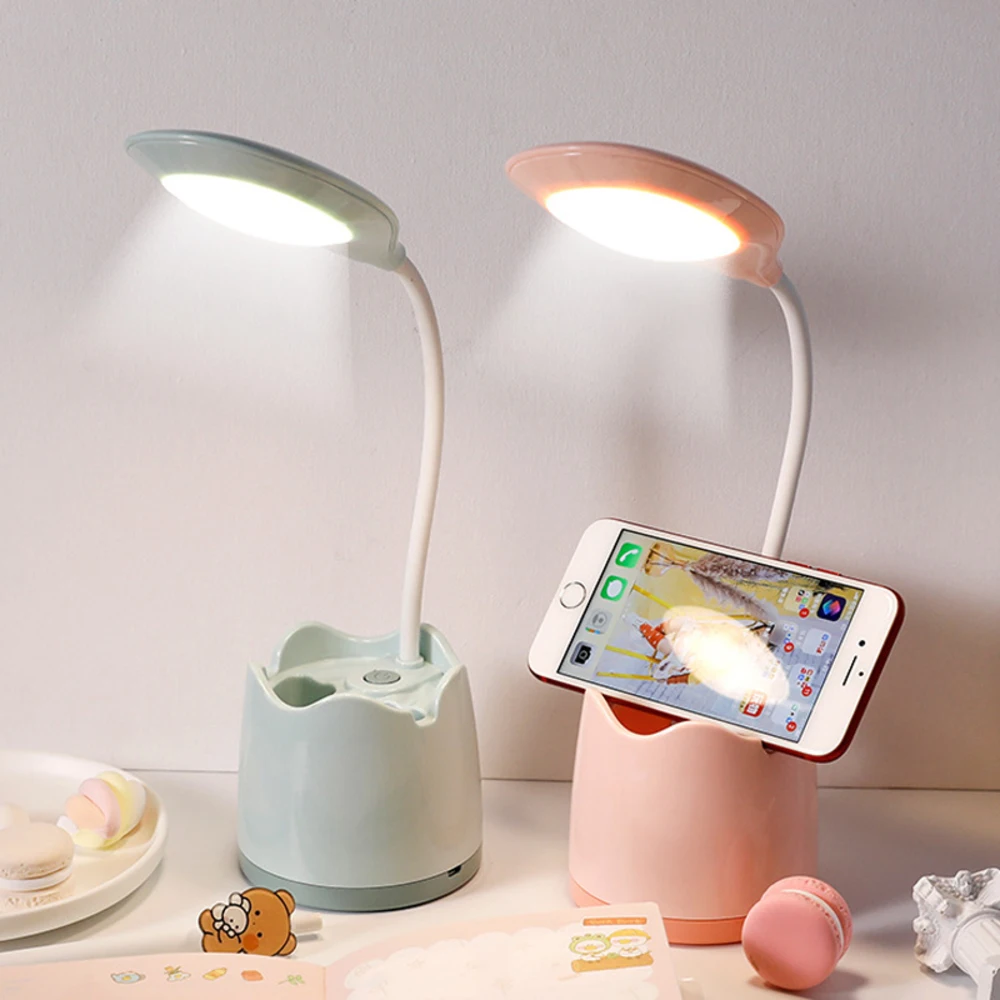 

Kids Desk Lamp Led Study Table Lamp With Mirror Pen Holder Multi-Function Storage LED Night Lamp Makeup For Girls Lady