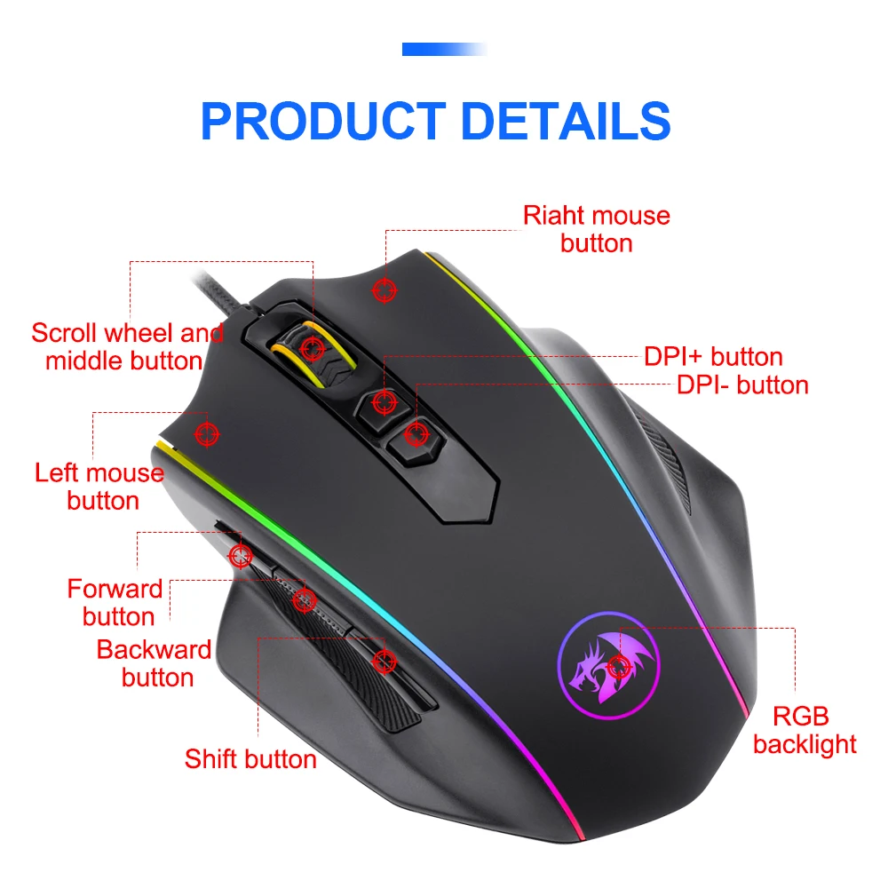Redragon M720 RGB Vampire USB Проводная игровая мышь 10000 точек/дюйм 8 кнопок мыши