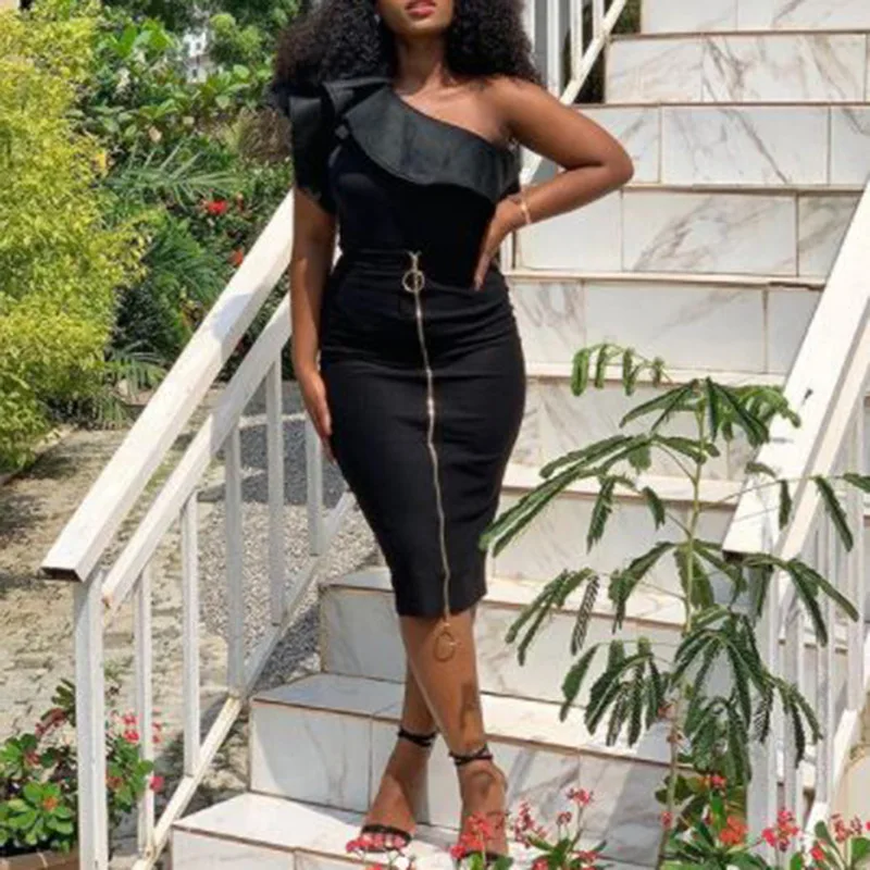 

Черное женское платье на молнии, летнее платье средней длины на одно плечо с оборками, женское платье в африканском стиле, вечернее короткое...