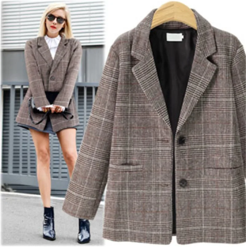 

2020 Spring Autumn vintage plaid Blazer for women tweed Women's Office ladies Suits Coat Long sleeve casual Blazers Jackets g407