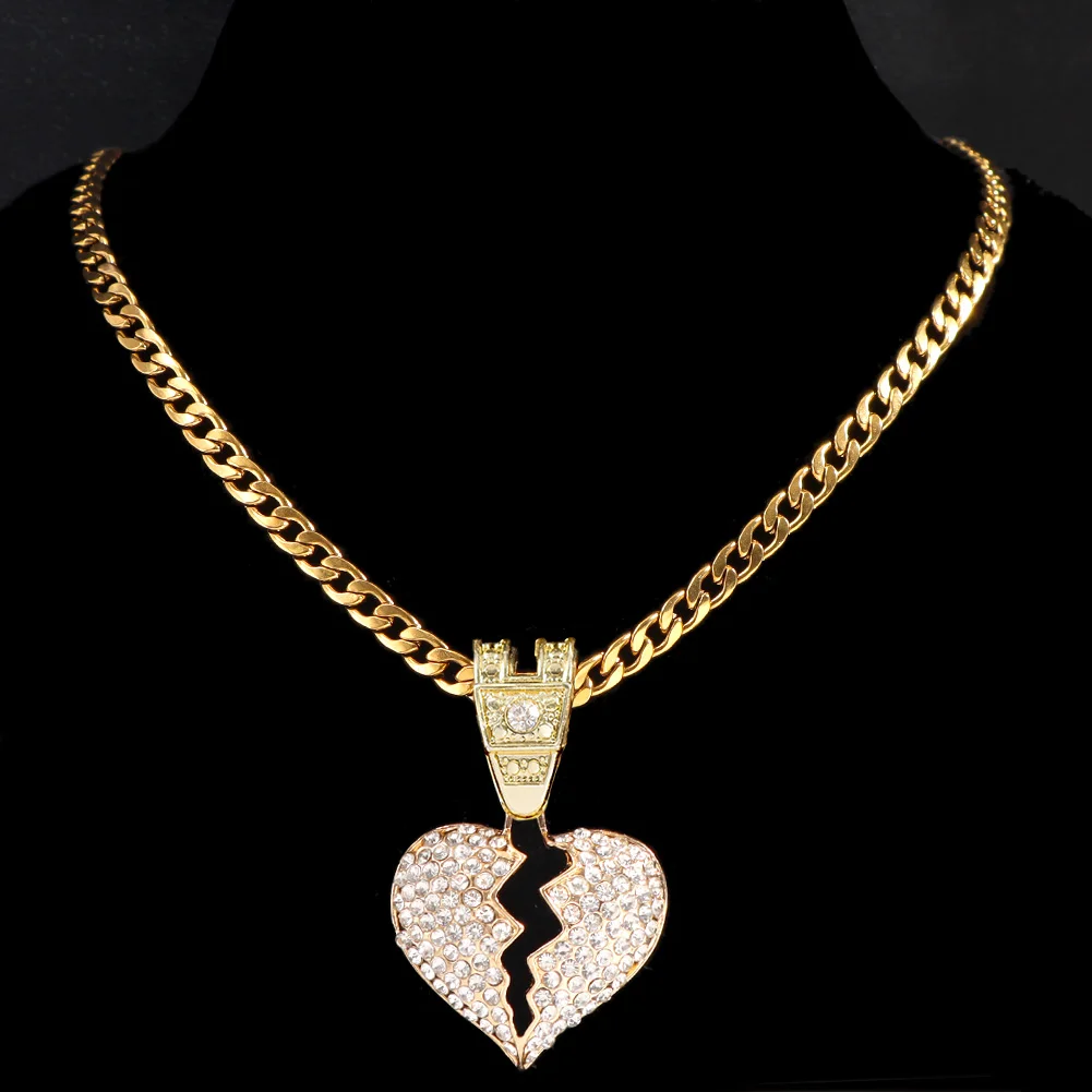 Gold Silver Color Men Women Miami Cuban Link Chain Necklace Bling Crystal Heart Pendant Necklaces Iced Out Hip Hop Jewelry Gift images - 6