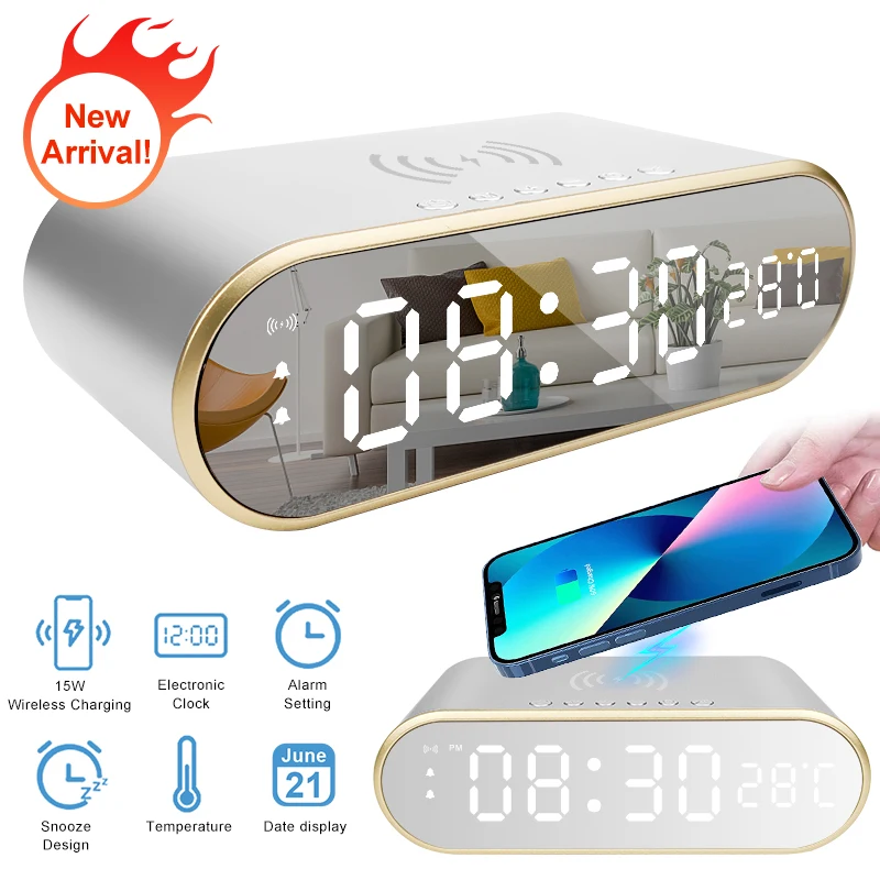 

Electric LED Alarm Clock 15W Qi Fast Wireless Charger For iphone Samsung Huawei Desk HD Digital Clock With Time Date Thermometer