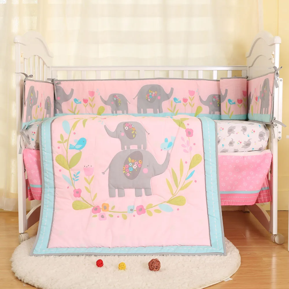 Розовый слон с птицей и цветами детские кроватки Постельное белье 4 предмета в