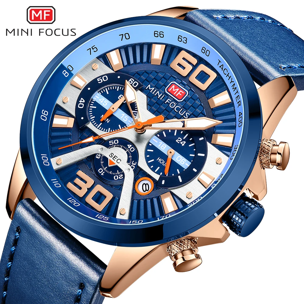 

Men Watches Blue Leather Strap Multifunction Sub-Dials Chronograph Fashion Sports Waterproof Quartz Wristwatch Relogio Masculino