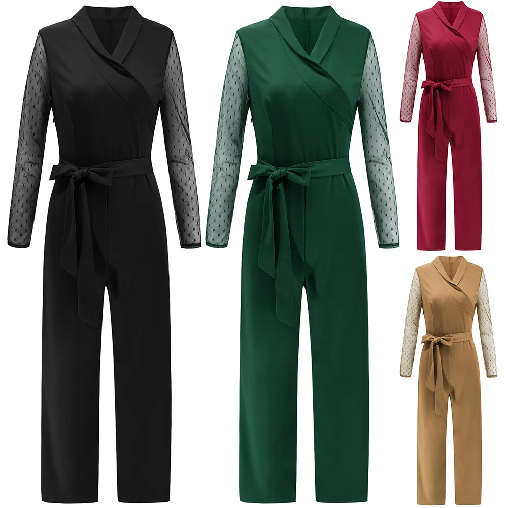 Женский Осенний комбинезон в горошек с длинными рукавами и v-образным вырезом