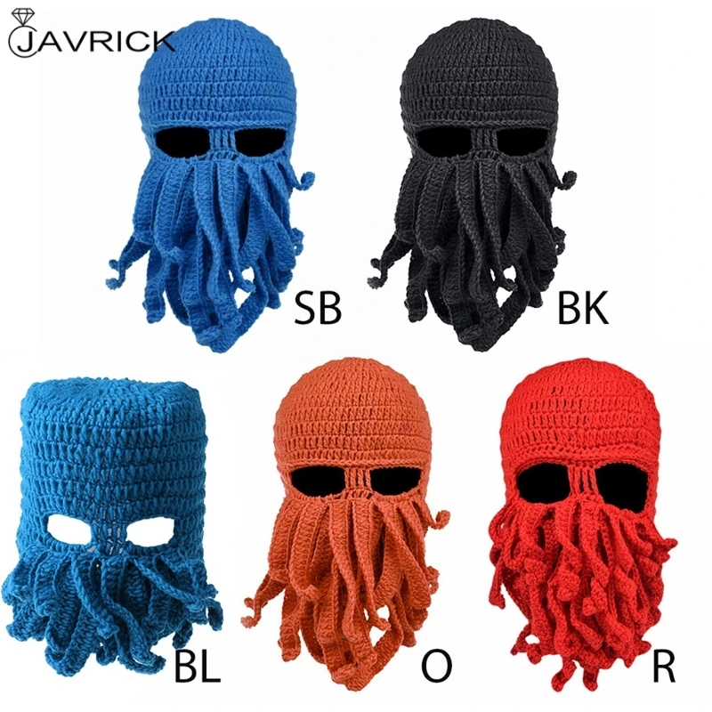

Men Women Creative Funny Tentacle Octopus Knitted Hat Long Beard Beanie Cap Balaclava Winter Warm Halloween Costume Cosplay Mask