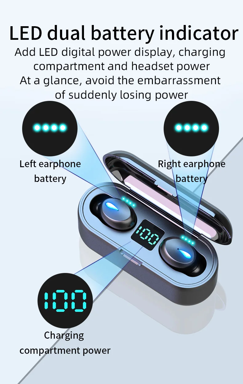 

TWS F9 5.0 Mini Bluetooth Wireless Headset HIFI In-ear Sports Running Headset Supports IOS/Android Mobile Phone HD Call