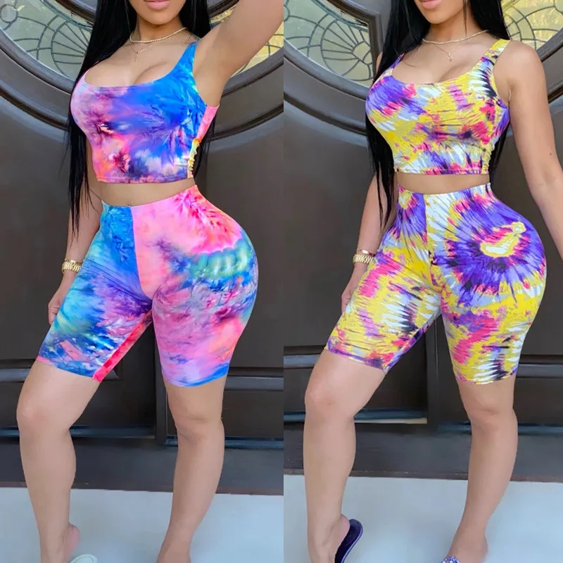 

Women Sports Suit Tie Dyeing Print Sleeveless Strap Crop Top High Waist Biker Shorts Pants Workout Clothes Tracksuit Outfit