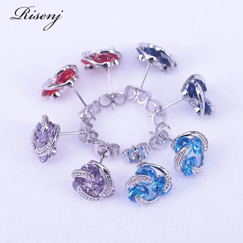 Женские серьги гвоздики с фианитом серебристые много цветов|Серьги-гвоздики| |