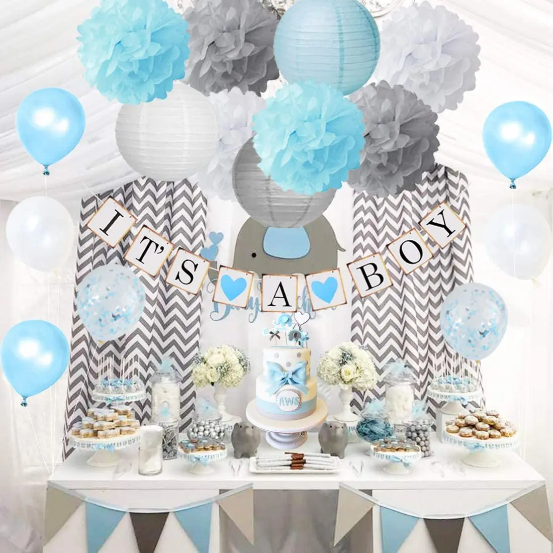 

Baby Shower Decorations Blue and Gray for Boy with It is a Boy Banner Confetti Balloons and Cake Topper Elephant Boy Baby Shower