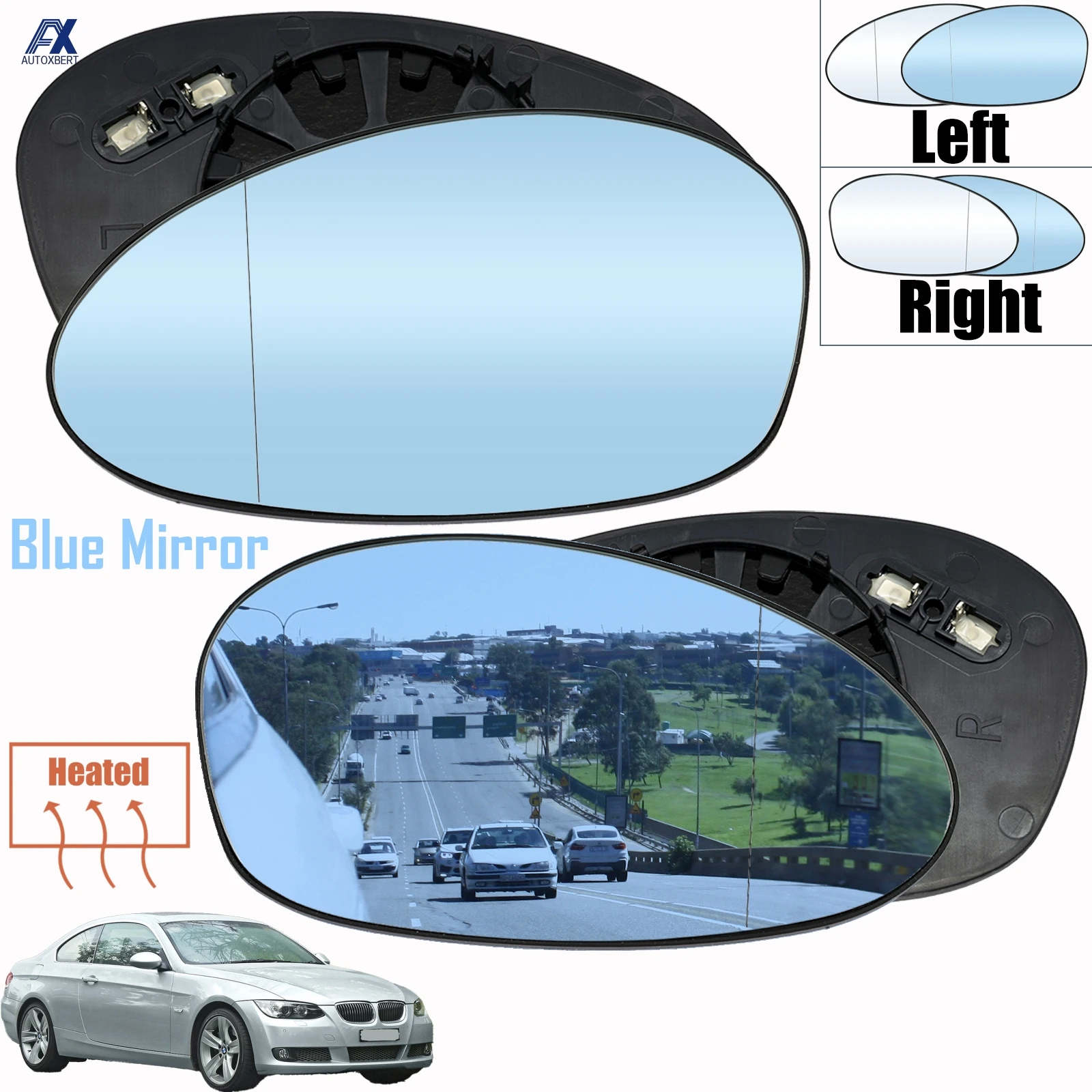 For BMW E90 E91 E87 E88 2004-2009 E46 Left + Right Side Heated Mirror Wing Blue White Rear View Glass Rearview Wide Angle Auto