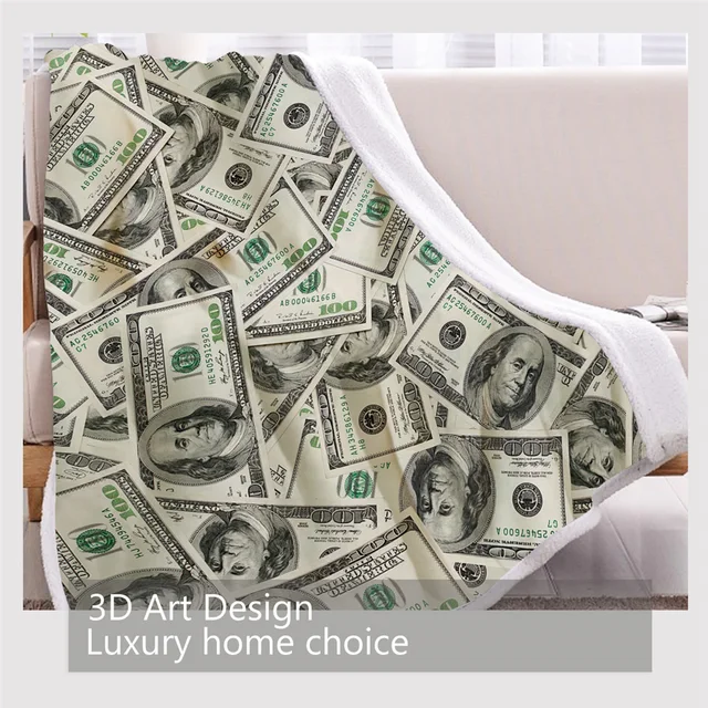 BlessLiving 3D Modern Sherpa Fleece Blanket Dollar Motif Print Throw Blanket Vivid Bedding Money Pattern Plush Blanket Dropship 3