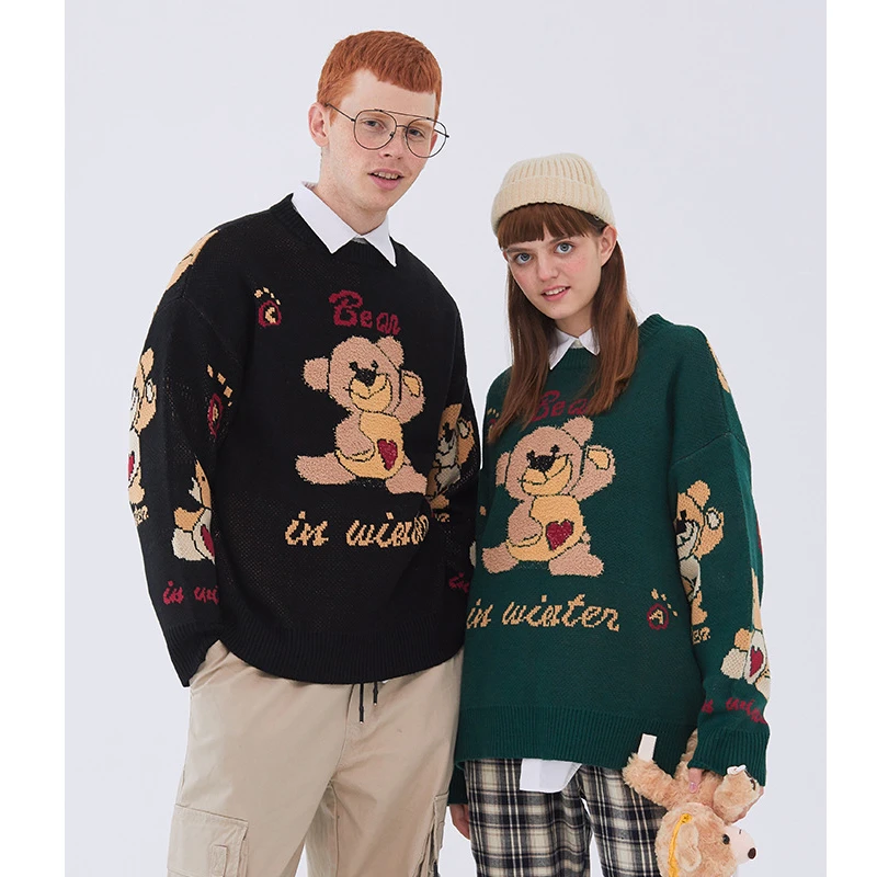 Japanese Harajuku Cute Knitted Heart Bear Sweater for Women and Men Oversized Kawaii Graphic Cartoon Pullover Jumper | Женская одежда