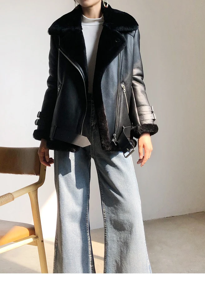 Winter Lamb Fur Bomber Real leather Jacket Women New Sheepskin Double Face Shearling Coat Oversized Genuine Leather Jackets