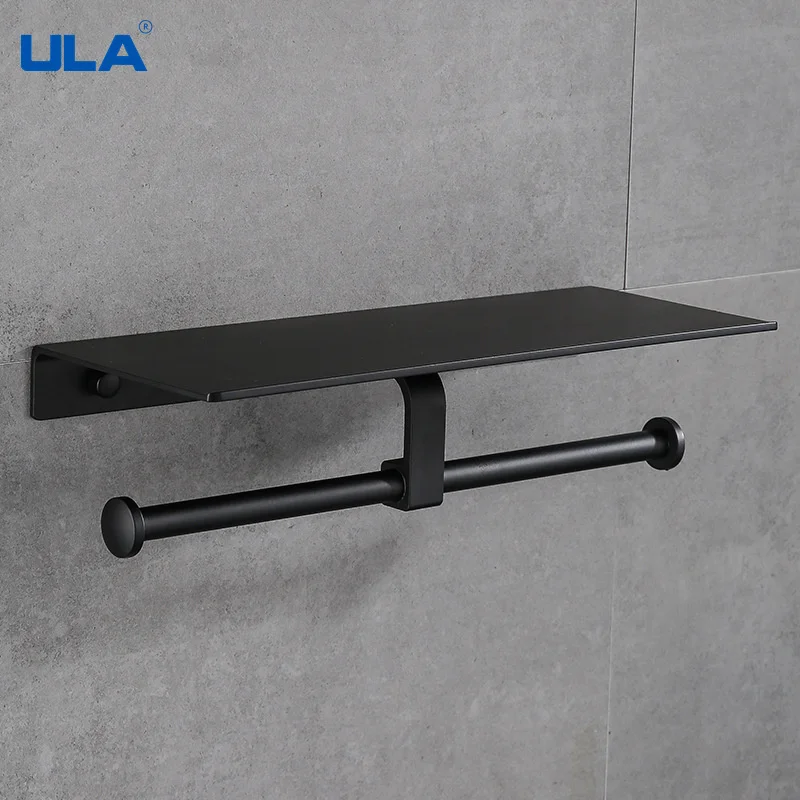 ula matte black double paper holder wall mounted tissue hanger phone rack toilet shelf space bath accessories rack organizer free global shipping