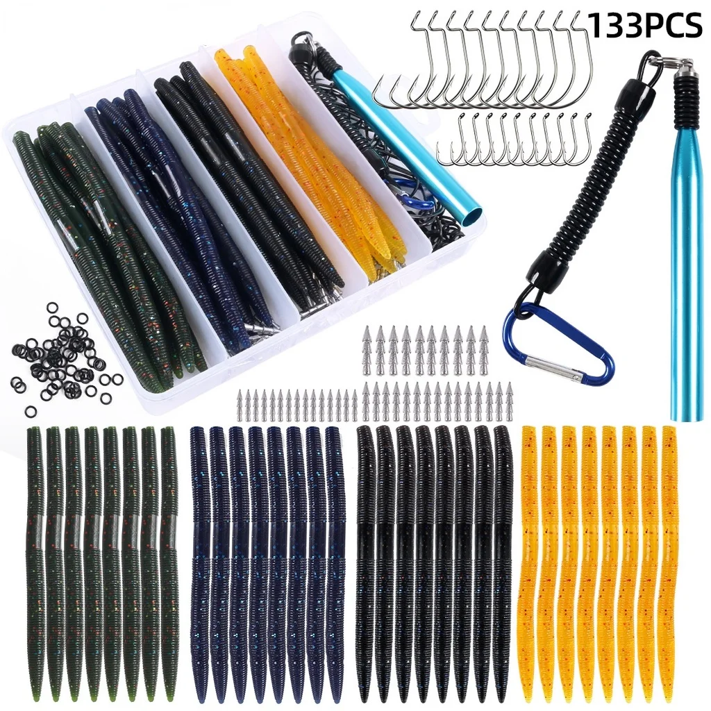 Enlarge 133 Pieces of Lure Noodle Insect Soft Bait Set Tool Tungsten Steel Plug Lead O Silicone Ring Fishing Gear Bass Mandarin Fish
