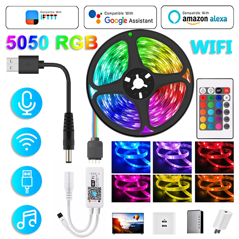 Светодиодная лента с Usb Wi Fi 5050 Rgb декоративная неоновая для подсветки комнаты