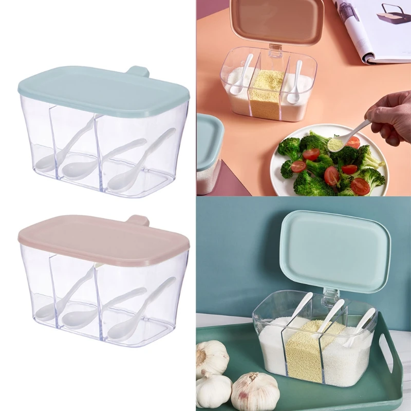 

3 Grids Spice Jars Seasoning Box with Spoon Condiment Jar Kitchen Storage Herb