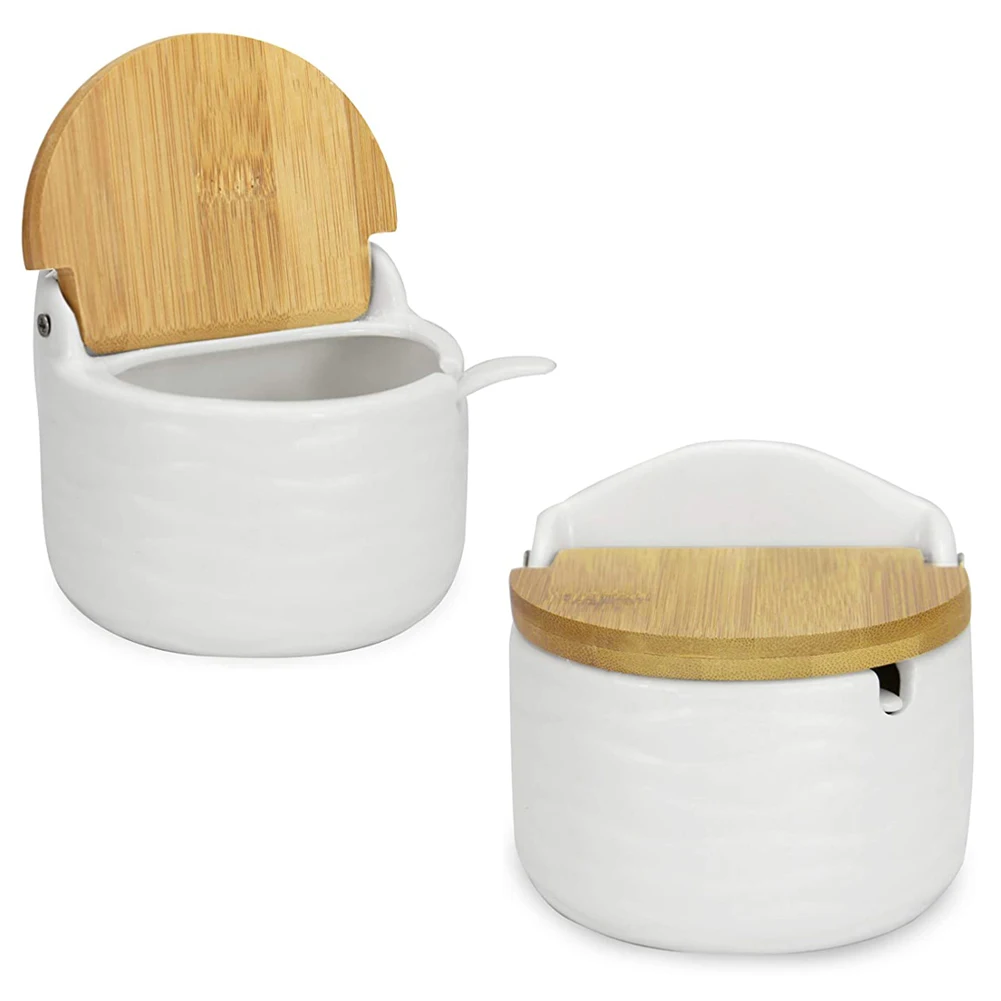 

Ceramic Condiment Sugar Bowl Pot Jar Salt Cellar Container With Reversible Bamboo Lid Spoon For Spice Kitchen Organizer Tools