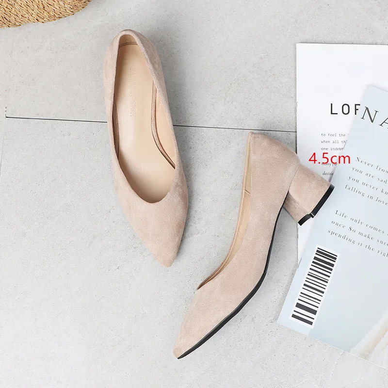 beige4.5cm Женская обувь без шнуровки; сезон лето; квадратный высокий каблук; коллекция года; офисные женские туфли-лодочки из флока с острым носком на каблуке; женские босоножки; свадебные туфли - Цвет: beige4.5cm