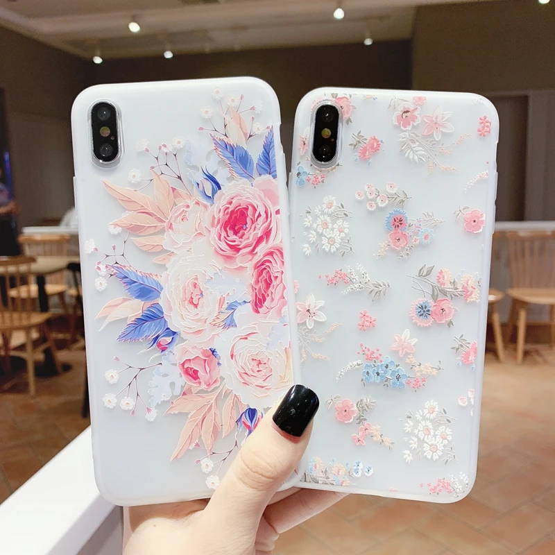 Для iPhone 6 6s 7 8 Plus 10 11 Pro X XS XR Max 3D Цветочный рельефный Матовый Прозрачный мягкий