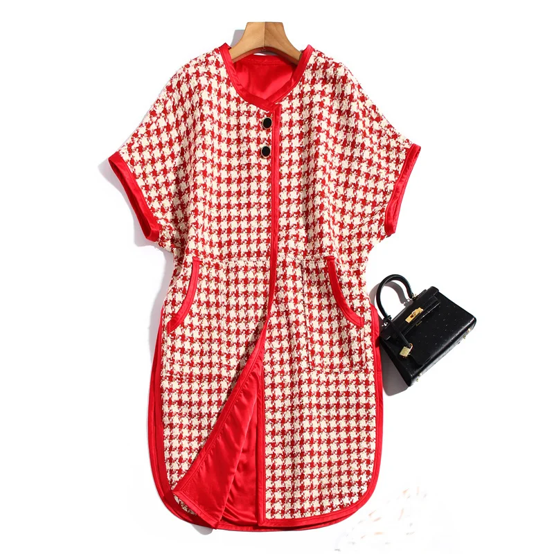 

Windbreaker High Quality Autumn New Casual Elegant Fashion Classic Tweed Plaid Short Sleeve Single Breasted Long Women'S Coat