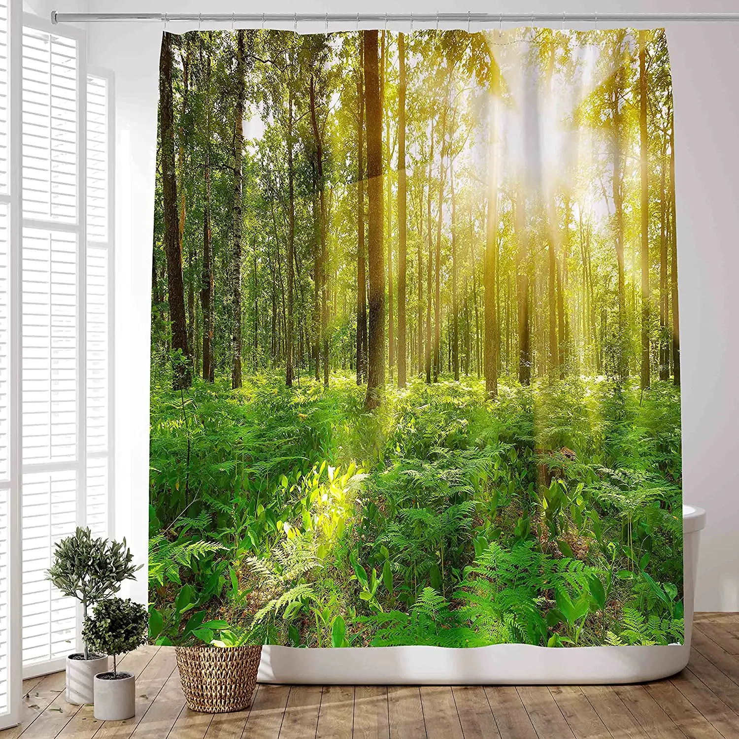 

Spring Sunlight Trees Shower Curtains Nature Forest Green leaves For Bathroom Home Decor Landscape Bath Curtain Sets With Hooks