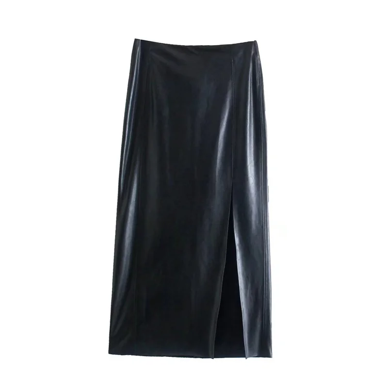 

ZXQJ Women Black Faux Leather Straight Skirt 2021 Autumn Fashion Ladies High Waist Side Slit Midi Skirt Female Slim PU Skirt