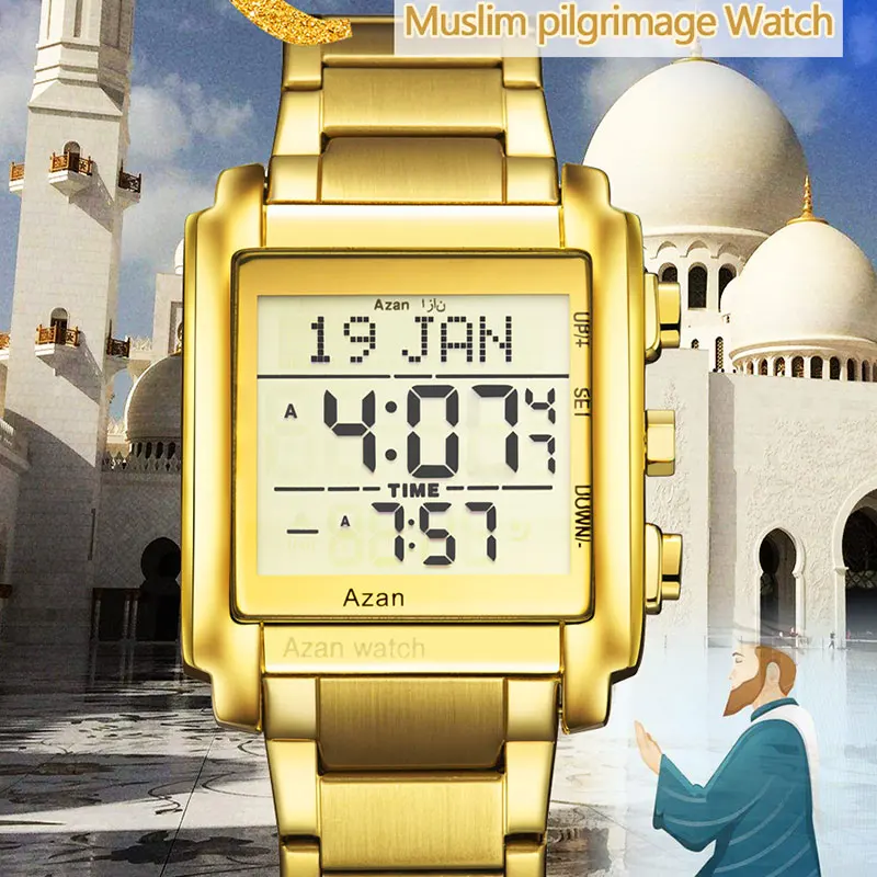2021 Новые мусульманские молитвенные часы золотые наручные из нержавеющей стали