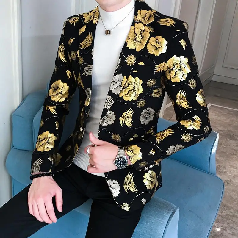 Смокинги Мужской Блейзер пиджак Slim Fit цветочный костюм тренд цветы модный мужской костюм куртка Серебро Золото - Цвет: Gold 306B-2-XF69-P80