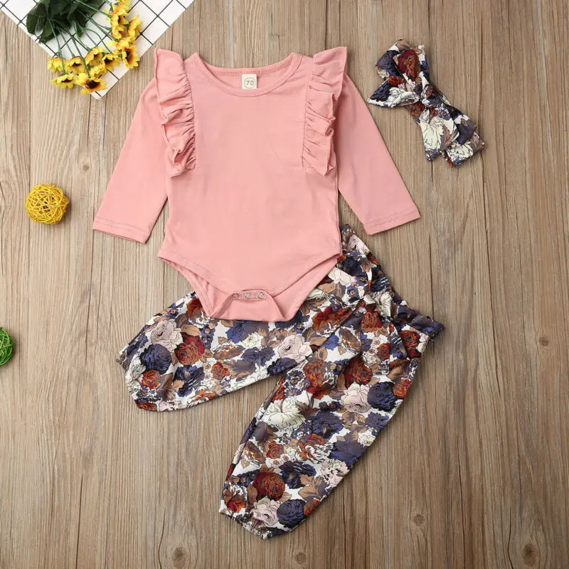 

Canis Newborn Infant Baby Girls Tops Romper Floral Pants Headband Outfit Clothes