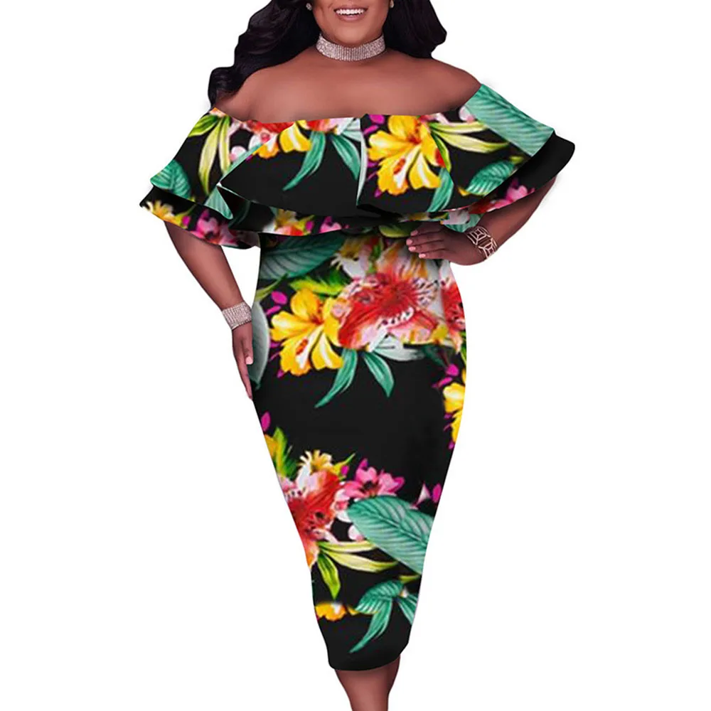 

2021 Summer Plus Size 5XL Floral Dress Oversize African Fashion Printed Sexy Party Off Shoulder Women Dresses Backless White