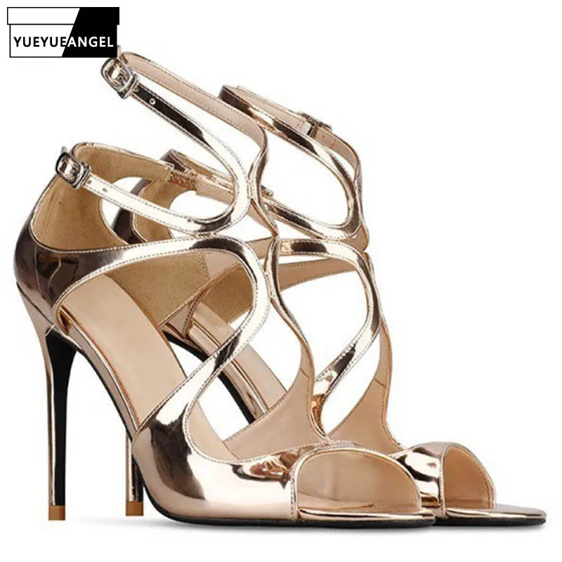Plus Size Gold Sandals Women High Heels Shoes Summer Peep Toe Sexy Party Shoes Hollow Round Toe Thin Heel Sandalias Mujer