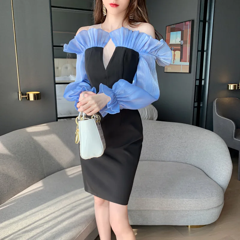 

autumn and winter wear new European and American women's sexy one-neck ruffled slim dress Office Lady Polyester