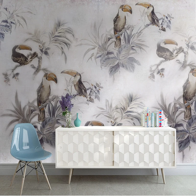 Custom Photo Wallpaper Medieval Hand Drawn Tropical Plant Toucan Mural Dining Room Living Bedroom Background Wall Art Decor |