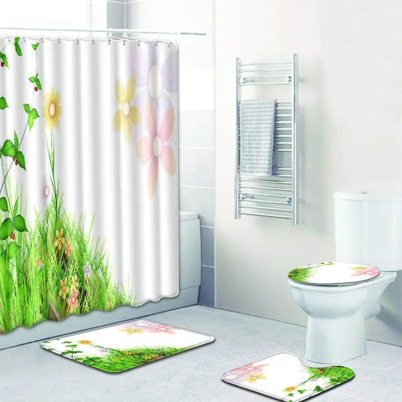 

Zeegle 4Pcs Bath Mat Set Toilet Pedestal Rug Foot Mat Waterproof Curtain Absorbent Toilet Seat Cover Mat Bath Doormat Toilet Mat