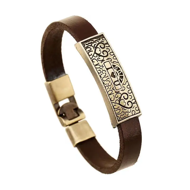 

Fashion Men's Bracelet Metal I Love Jesus Men's Leather Bracelet Retro Brown Handsome Boy's Leather Bracelet