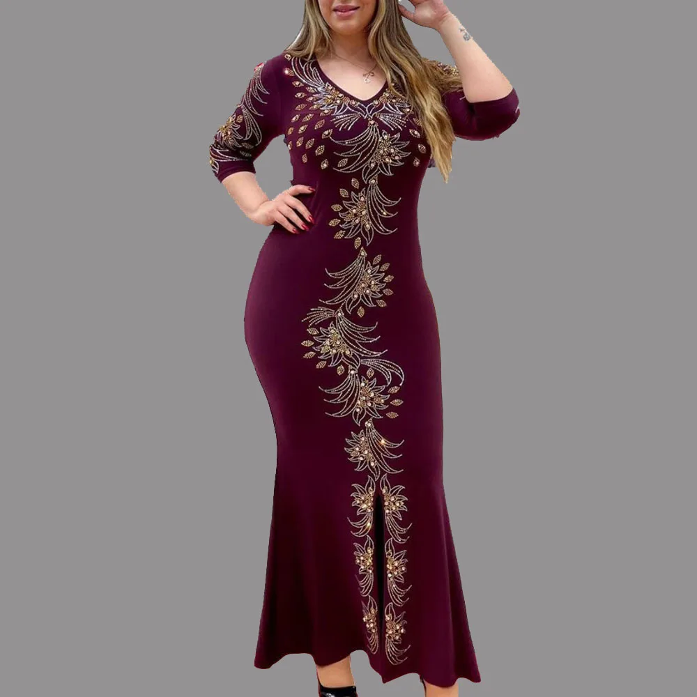 

Western Style 2021 Oversize Casual Ladies Dress Spring Summer New Commute Slim High Waist Mermaid Split Fork V-neck Long Sleeve