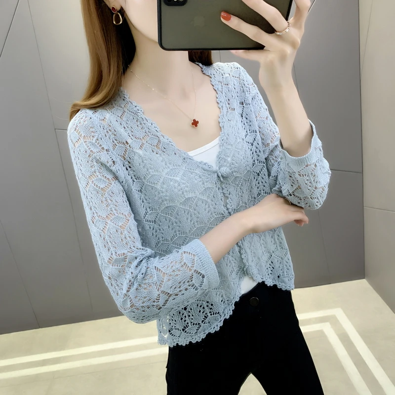 

20137 (5, 7) 5 collaosed v-neck pure color hollow-out knitted cardigan 34