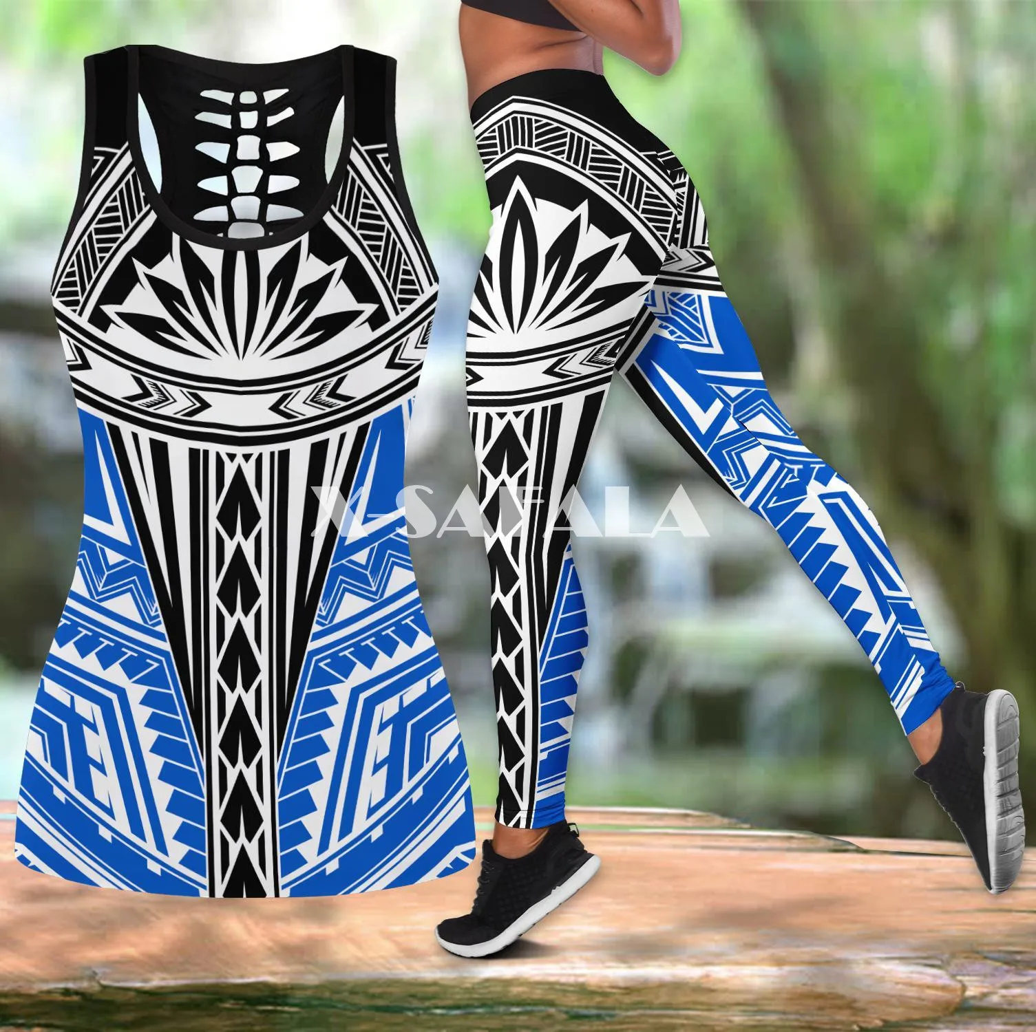 

Polynesian Tattoo Pattern Two Piece Yoga Set Women 3D Print Vest Hollow Out Tank Top High Waist Legging Summer Casual Sport