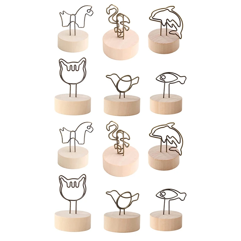 

12Packs Creative Wooden Base Place Card Holders, Simple and Cute Photo Holders, Picture Memo Note Photo Clip Holders