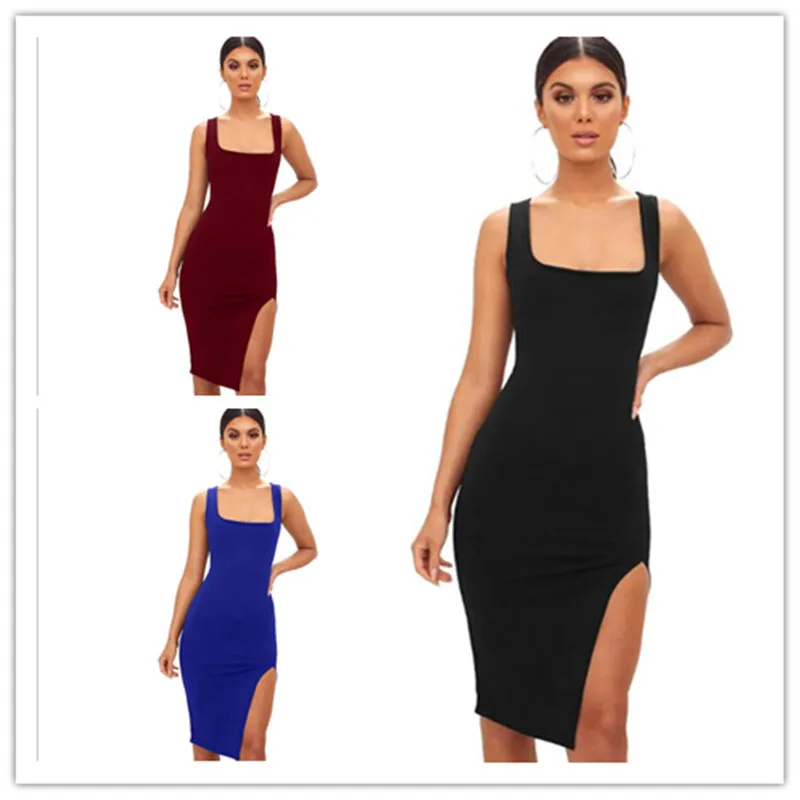 Приталенное офисное платье до колен с разрезом повседневное летнее женская