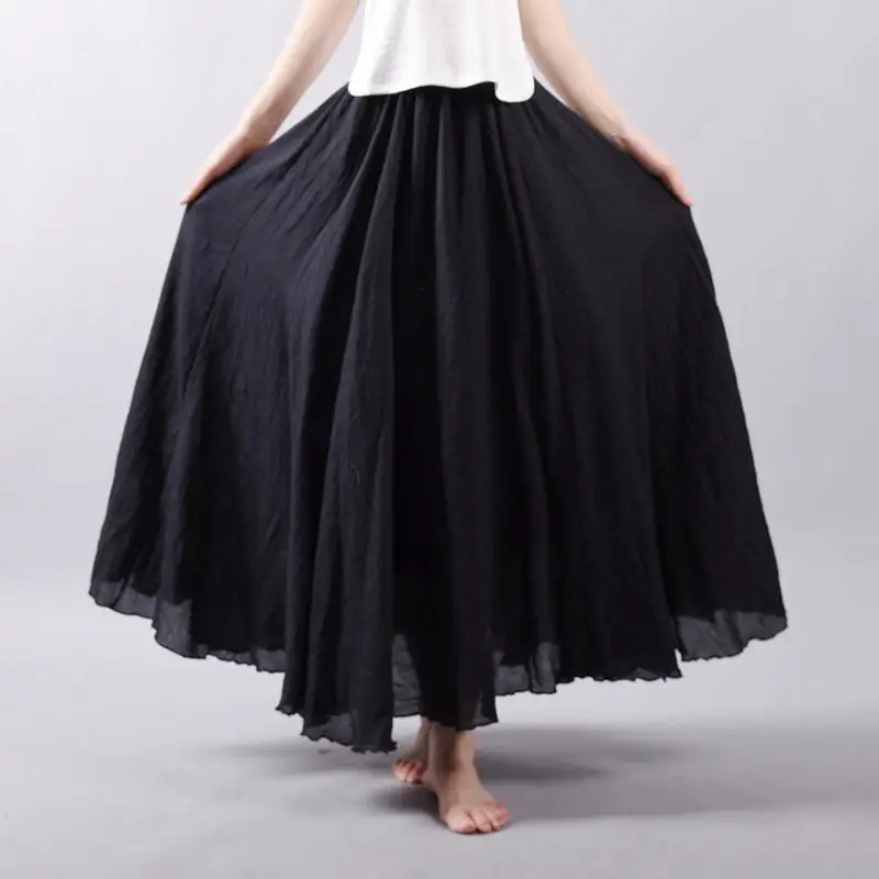 

Women's Elegant High Waist Linen Maxi Skirt 2020 Summer Ladies Casual Elastic Waist 2 Layers Skirts saia feminina 20 Colors SK53