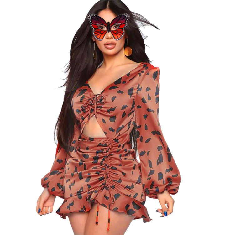 

SKMY 2021 Autumn Clothes Dress Women Elegant Ruffled Leopard Print Long Sleeve Sexy V-Neck Drawstring Hollow Out Mini Dress