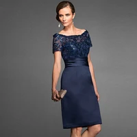 new elegant dark navy cocktail dresses lace short sleeves homecoming gowns bateau neckline party gowns knee length on sale