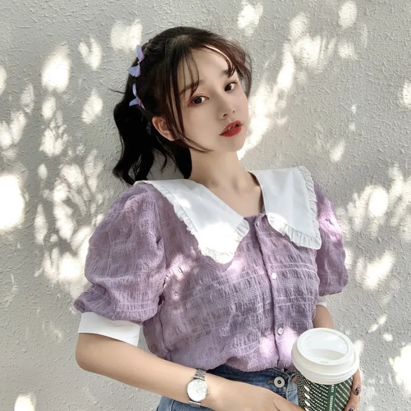 

Purple Chic Ulzzang Loose Peter Pan Collar Ladies Tops Fashion Brand Blouse Womens Clothing Loose Shirts Vintage Summer Style