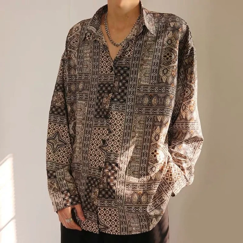 

Spring Korean Retro Shirts Hawaiian Ethnic Style Long Sleeve Cashew Casual Loose Floral Print Shirt for Men Fashion Designer