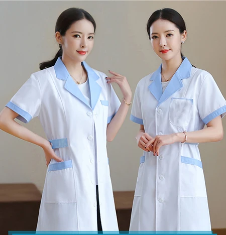 White Blue Летняя новая модная женская Больничная медицинская одежда, комплект, распродажа, дизайн, тонкая рабочая одежда, одноцветная униформа для салонов красоты, медсестры - Цвет: White Blue