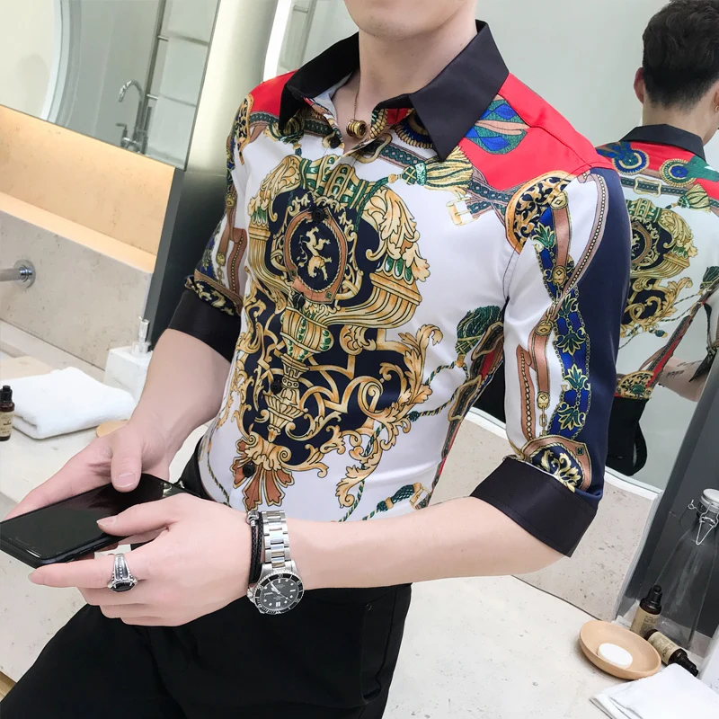 Модная летняя приталенная рубашка мужская с коротким рукавом и принтом рабочая