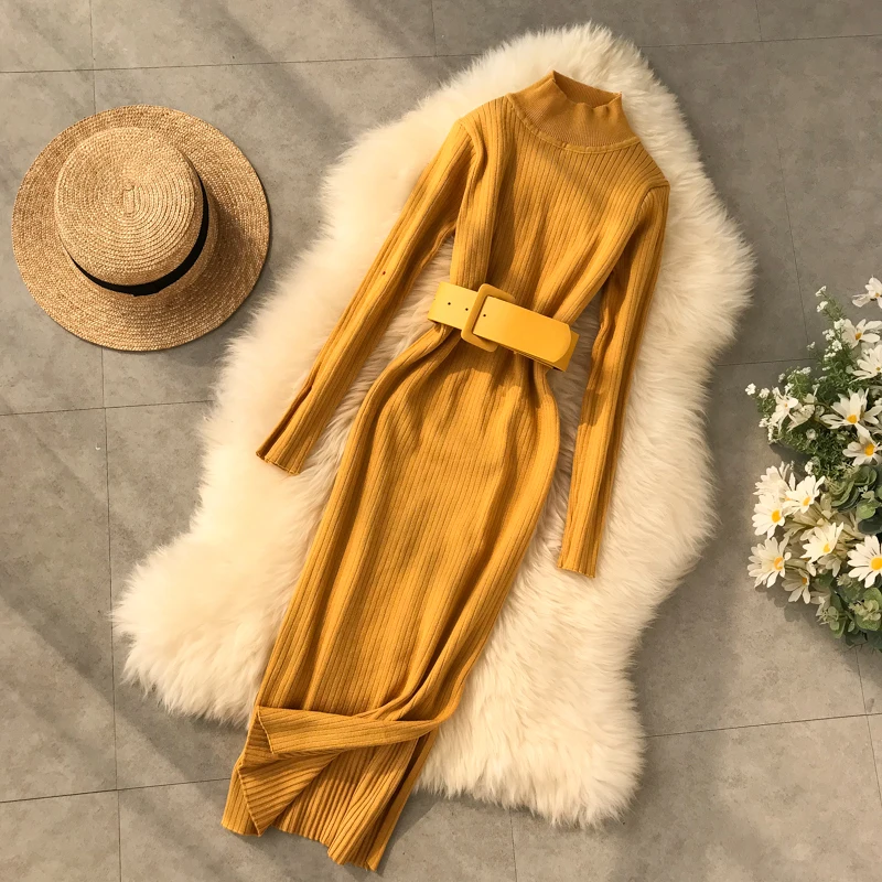 ALPHALMODA новое зимнее платье с высоким воротником и длинным рукавом с Боковым Разрезом женские пуловеры сексуальное зимнее платье с Повседневный поясной ремень подходит